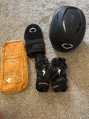 Barely Used Black Small EvoSheild Helmet, New Adult Sliding Mitt, and Used Small Black Bruce Bolts