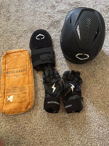 Barely Used Black Small EvoSheild Helmet, New Adult Sliding Mitt, and Used Small Black Bruce Bolts