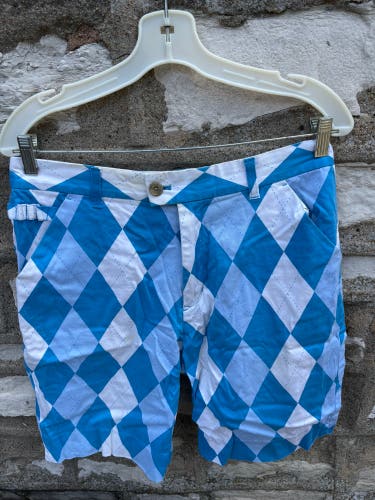 Royal & Awesome Shorts Mens Blue White Golf Argyle Preppy Caddie Diamond Loud 34