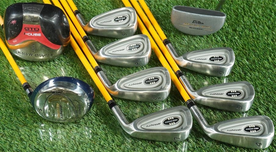 AFFINITY MENS 10PC. GOLF SET  4-7,9,PW,SW,5W, GRAND HAWK DRIVER PRIMA PUTTER RH