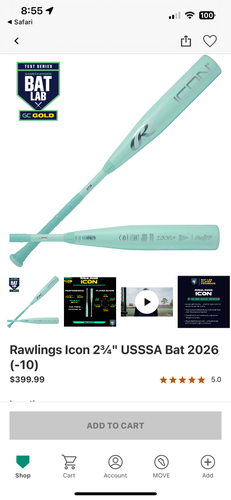 2026 Rawlings Icon Composite USSSA Certified Bat (-10) 20 oz 31" (New)