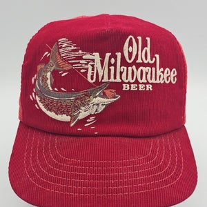 Vintage Old Milwaukee Beer Muskie Fishing Red Corduroy Mesh Hat Vtg Snapback