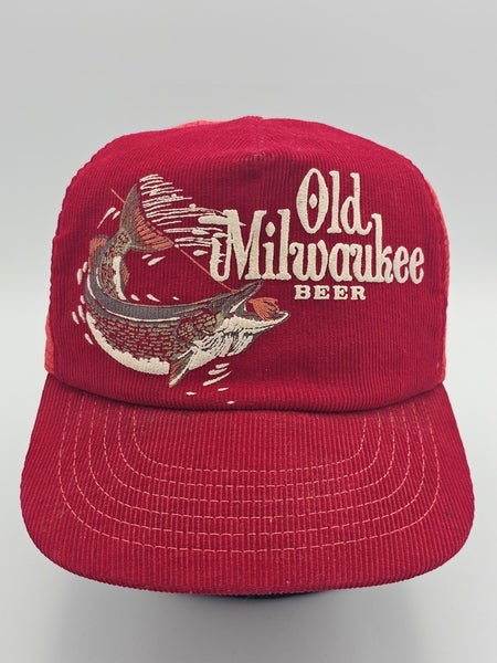 Vintage Old Milwaukee Beer Muskie Fishing Red Corduroy Mesh Hat Vtg Snapback