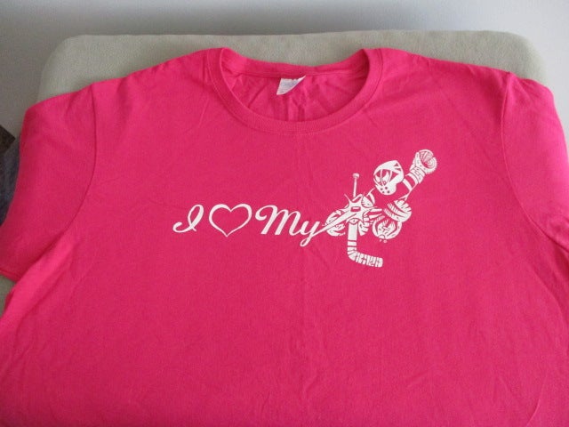 Cute I Love Heart My Hockey Goalie Ladies Cut Size XL Shirt Hot Pink Color