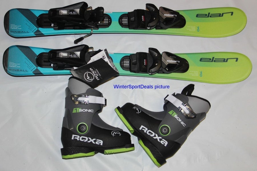 NEW ELAN pinball 70cm kids skis with bindings + Roxa Sonic ski boots 14.5 mondo