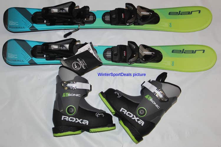 NEW ELAN pinball 70cm kids skis with bindings  + Roxa Sonic ski boots 15.5 mondo