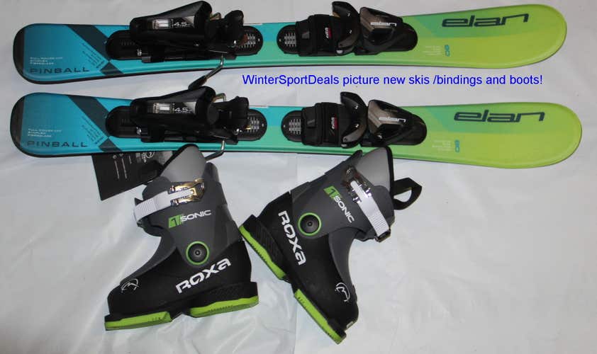 NEW ELAN pinball 80cm kids skis with bindings  + Roxa Sonic ski boots 14.5 mondo