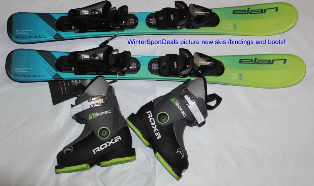NEW ELAN pinball 80cm kids skis with bindings  + Roxa Sonic ski boots 14.5 mondo
