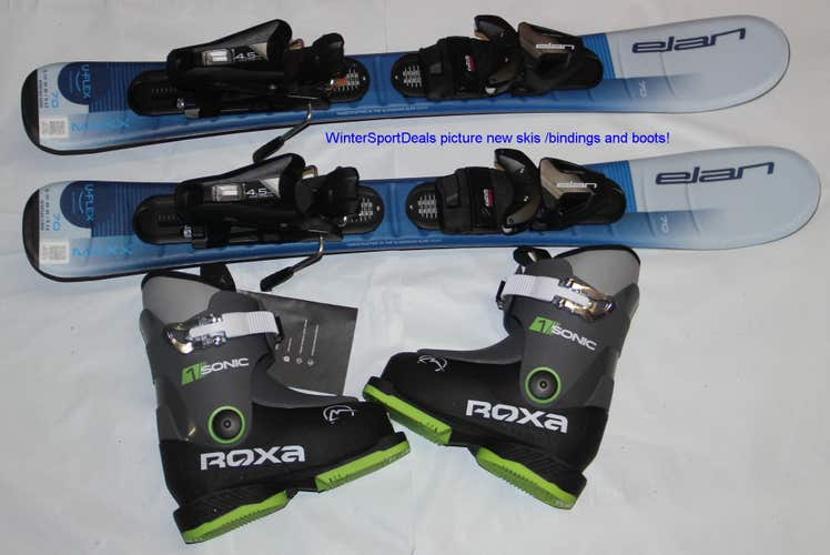 NEW ELAN Maxx uflex 70cm kids skis with bindings  + Roxa Sonic ski boots 15.5 mondo