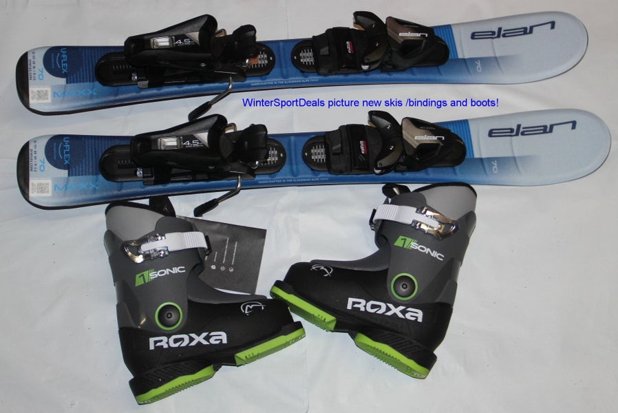 NEW ELAN Maxx uflex 70cm kids skis with bindings  + Roxa Sonic ski boots 15.5 mondo