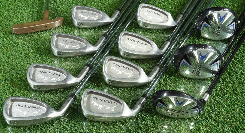 MEN'S GOLF SET 12pc. TOUR MODEL 3-PW, PUTTER, SNAKE EYES 3W,5W,3H, LEFT HANDED!!