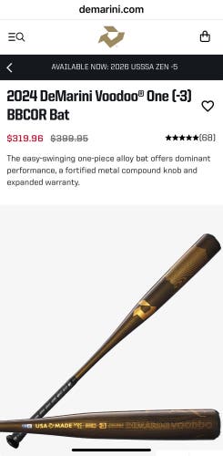 2024 DeMarini Voodoo One Alloy BBCOR Certified Bat (-3) 30 oz 33" (Used)