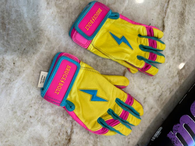 Bruce Bolt Leather Batting Gloves Yellow Blue Pink Youth Small