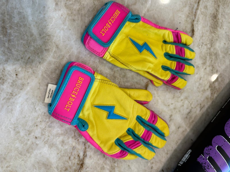 Bruce Bolt Leather Batting Gloves Yellow Blue Pink Youth Small