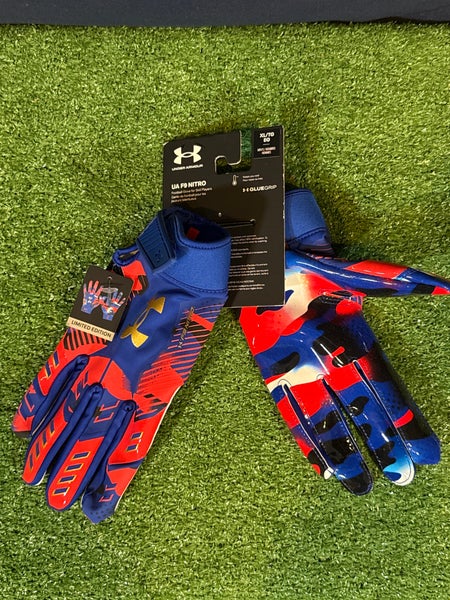 Blue/Red Adult XL Under Armour F9 Nitro Limited Edition USA/Camo Football Gloves (New)