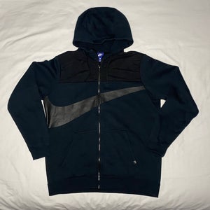 Nike Hoodie Mens L Black Big Swoosh Sportswear Fleece Full Zip Sweater