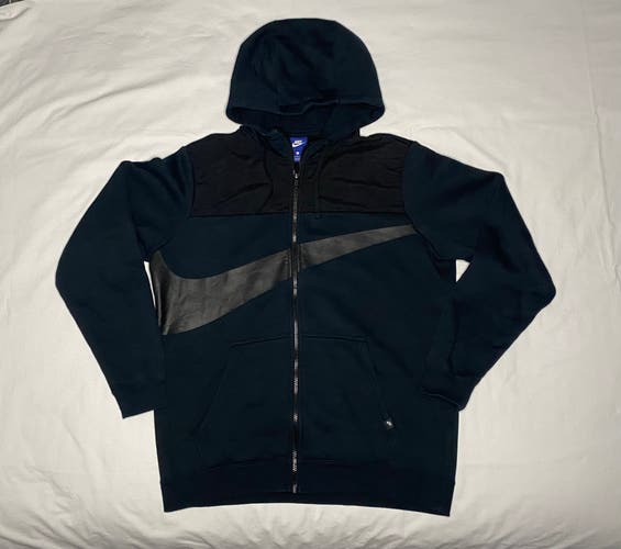 Nike Hoodie Mens L Black Big Swoosh Sportswear Fleece Full Zip Sweater