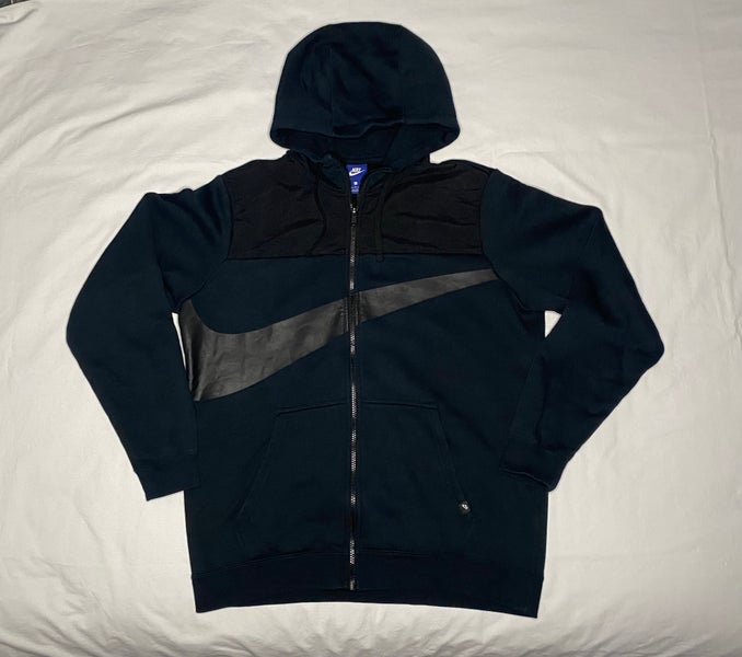 Nike Hoodie Mens L Black Big Swoosh Sportswear Fleece Full Zip Sweater