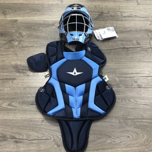 All Star System 7 Axis Catcher's Set Blue Age 12-16 Helmet Chest Protector (New with Defects)