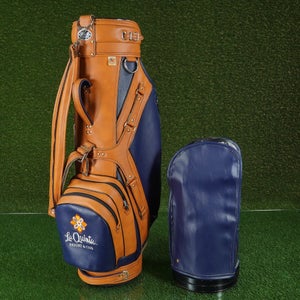 VINTAGE MILLER PRO MODEL GOLF BAG, BROWN/BLUE LA QUINTA RESORT & CLUB LOGO, WOW!
