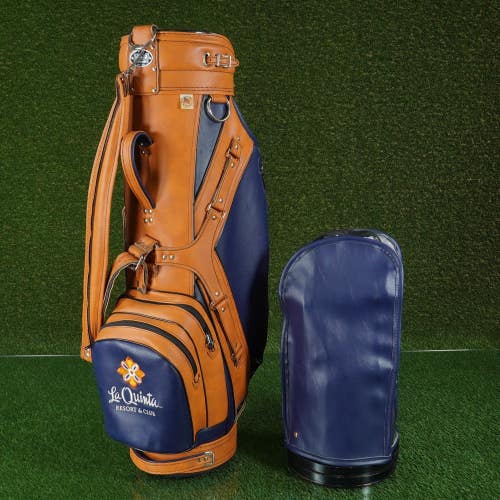 VINTAGE MILLER PRO MODEL GOLF BAG, BROWN/BLUE LA QUINTA RESORT & CLUB LOGO, WOW!
