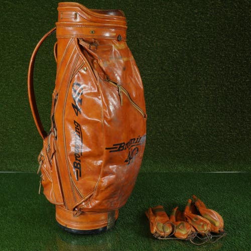 VINTAGE BURTON BROWNING 440 CART BAG, LARGE 10 TOP GOLF BAG, BROWN & HEADCOVERS