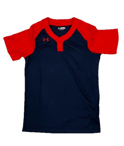 Under Armour Next 2 Button SS Baseball Jersey Men's S M Navy Blue Orange UBJ620M