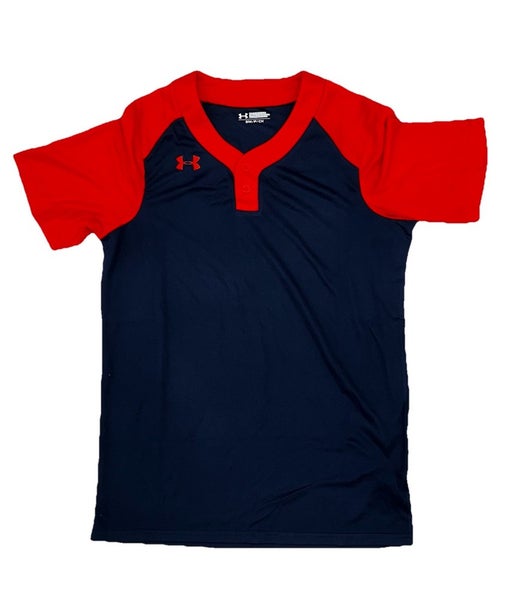 Under Armour Next 2 Button SS Baseball Jersey Men's S M Navy Blue Orange UBJ620M