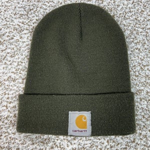 Carhartt Hat Beanie Knit Cuffed Olive Green Patch Logo Winter Workwear Mens Logo
