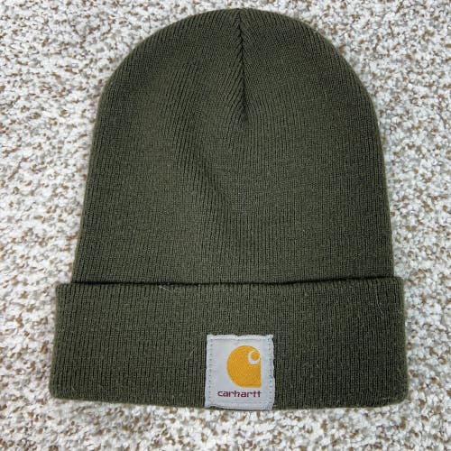 Carhartt Hat Beanie Knit Cuffed Olive Green Patch Logo Winter Workwear Mens Logo