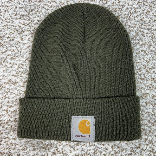 Carhartt Hat Beanie Knit Cuffed Olive Green Patch Logo Winter Workwear Mens Logo