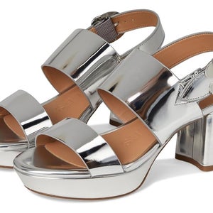 Aerosoles Camera Sandals Women's 6 Silver Faux Leather Block Heel Platform PQ634