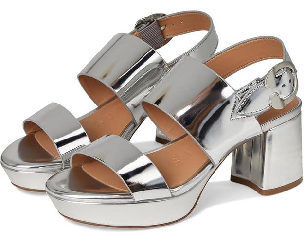Aerosoles Camera Sandals Women's 6 Silver Faux Leather Block Heel Platform PQ634