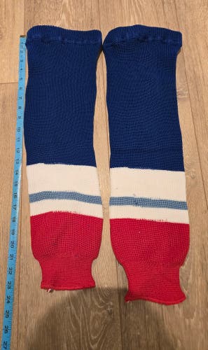 Blue Red and White Athletic Knit Hockey Socks Size Medium 26" Length