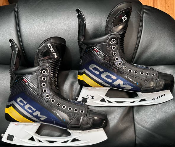 Used Custom #26 Blue/Yellow CCM JetSpeed FT6 Pro Skates Size 10.5 Regular w/ New Step Steel