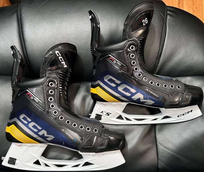 Used Custom #26 Blue/Yellow CCM JetSpeed FT6 Pro Skates Size 10.5 Regular Width w/ New Step Steel