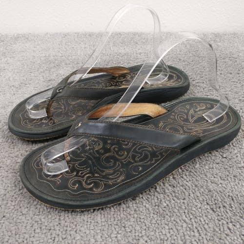 Olukai Paniolo Flip Flops Womens Size 9 Shoes Brown Embroidered Leather Sandals