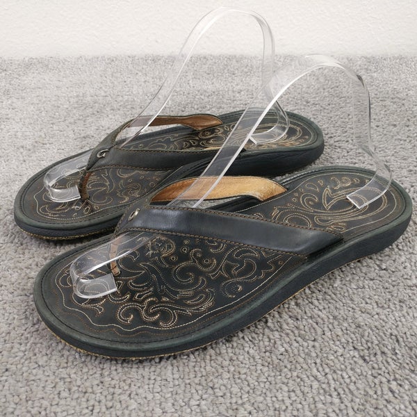 Olukai Paniolo Flip Flops Womens Size 9 Shoes Brown Embroidered Leather Sandals