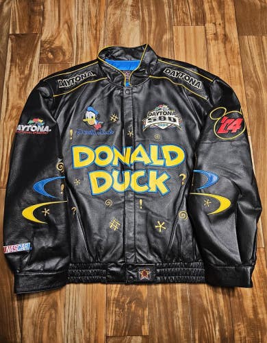 NEW Vintage Disney Donald Duck Daytona 500 Nascar Racing Leather Jacket Size 3XL
