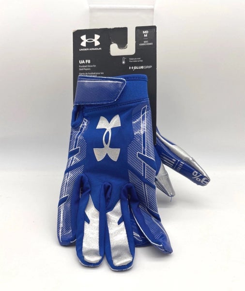 Under Armour UA F8 Football Gloves GlueGrip Skill Players Blue Silver MD