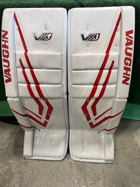 White & Red Intermediate Vaughn VX1 Goalie Leg Pads (Like New) | 30" +2"