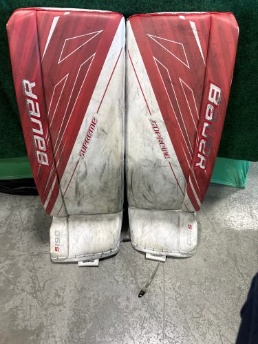 Red & White Bauer Supreme S190 Goalie Leg Pads (Used) | Intermediate Medium