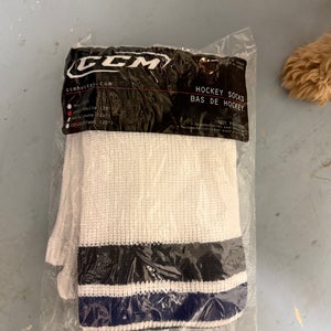 White with blue black strips Adult (28”) CCM Socks (New)