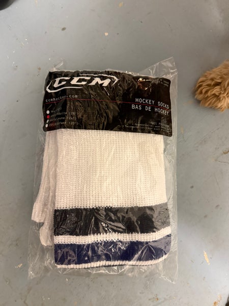 White with blue black strips Adult (28”) CCM Socks (New)