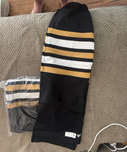 2 Bruins Centennial Black Large Senior Adidas Socks Pro Stock (New) black and white pair