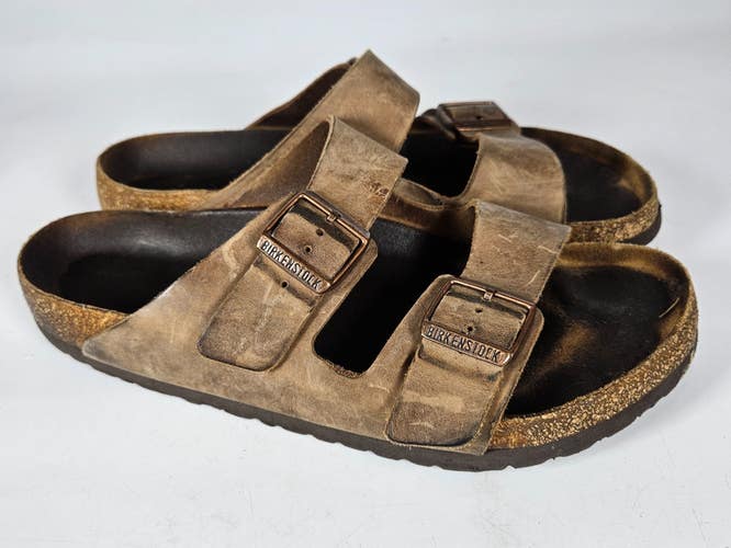 Birkenstock Arizona Saddle Brown Leather Slides Sandals Men's Size: 43 / 10