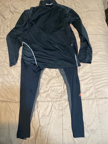 Black Men's Bauer Compression set (Used) top and bottom with sock Velcro. Size XXL