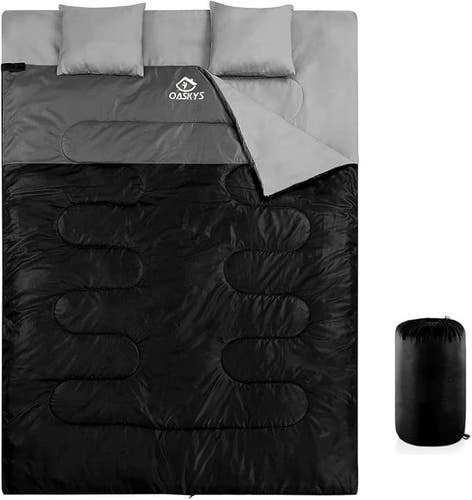 Double Sleeping Bag with 2 Pillows, Queen Size XL Bag for 2 People, Cold Warm...