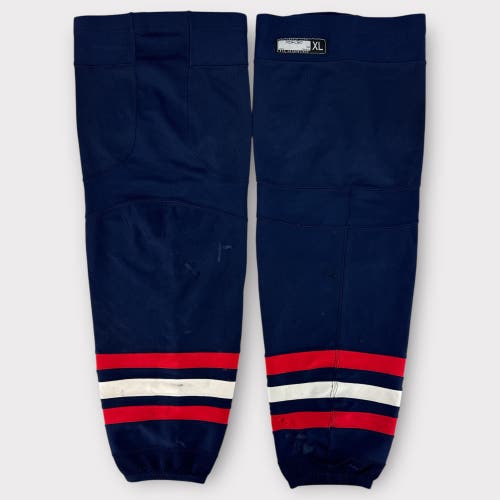 Pro Stock Used Reebok Large, XL, XL+ Syracuse Crunch Blue Jackets Navy Hockey Socks