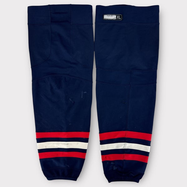 Pro Stock Used Reebok Large, XL, XL+ Syracuse Crunch Blue Jackets Navy Hockey Socks